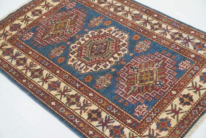 3x4 Navy Blue Kazak Afghan Hand-knotted Wool Rug - Yildiz Rugs