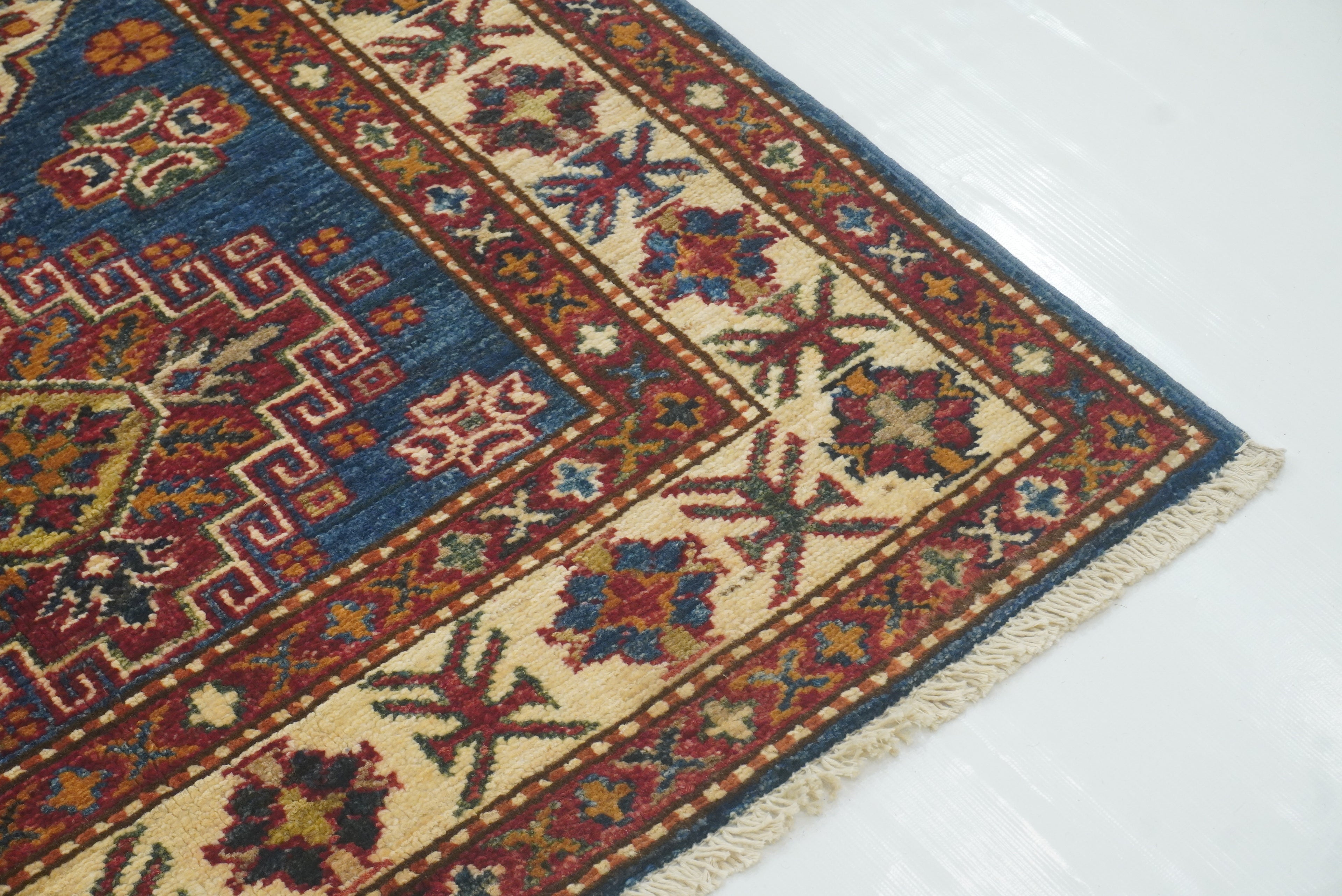 3x4 Navy Blue Kazak Afghan Hand-knotted Wool Rug - Yildiz Rugs