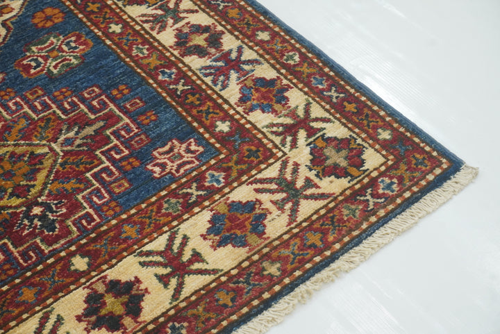 3x4 Navy Blue Kazak Afghan Hand-knotted Wool Rug - Yildiz Rugs