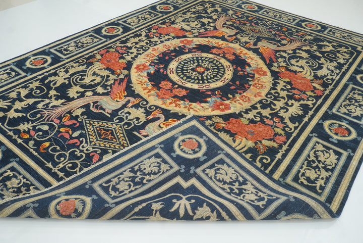 9x12 Phoenix Navy Blue Chinese Style Hand-Knotted Rug - Yildiz Rugs