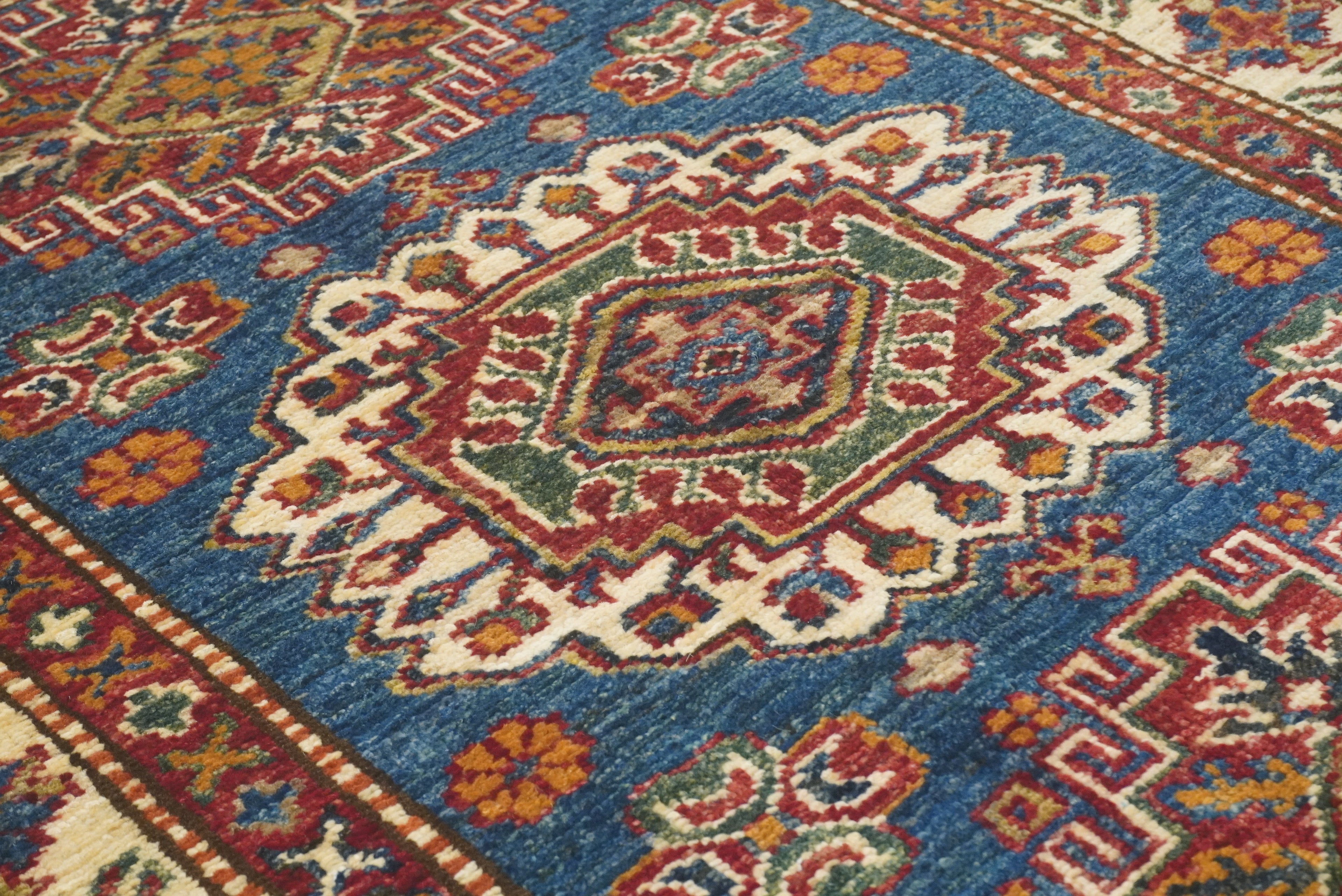 3x4 Navy Blue Kazak Afghan Hand-knotted Wool Rug - Yildiz Rugs