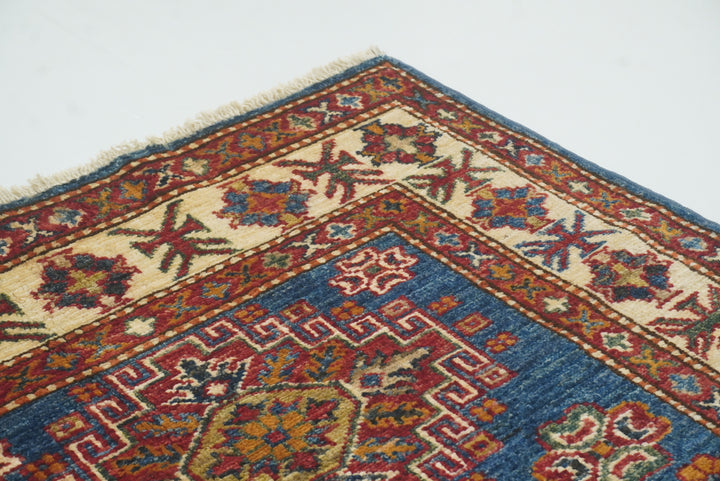 3x4 Navy Blue Kazak Afghan Hand-knotted Wool Rug - Yildiz Rugs