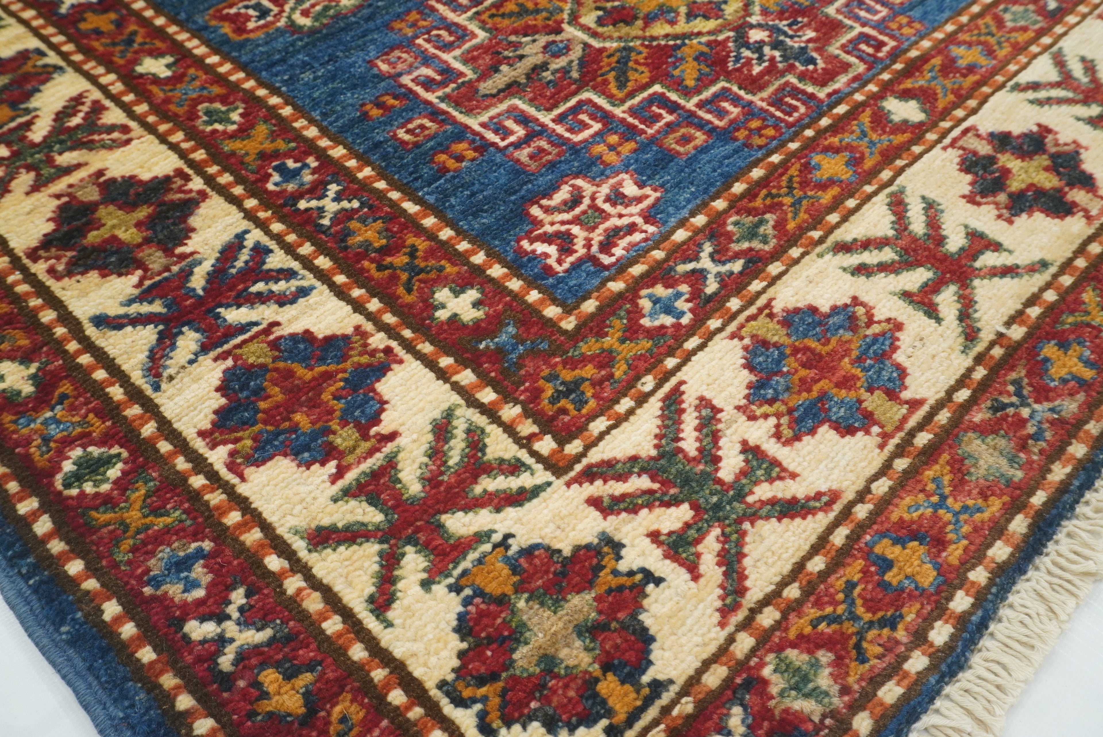 3x4 Navy Blue Kazak Afghan Hand-knotted Wool Rug - Yildiz Rugs
