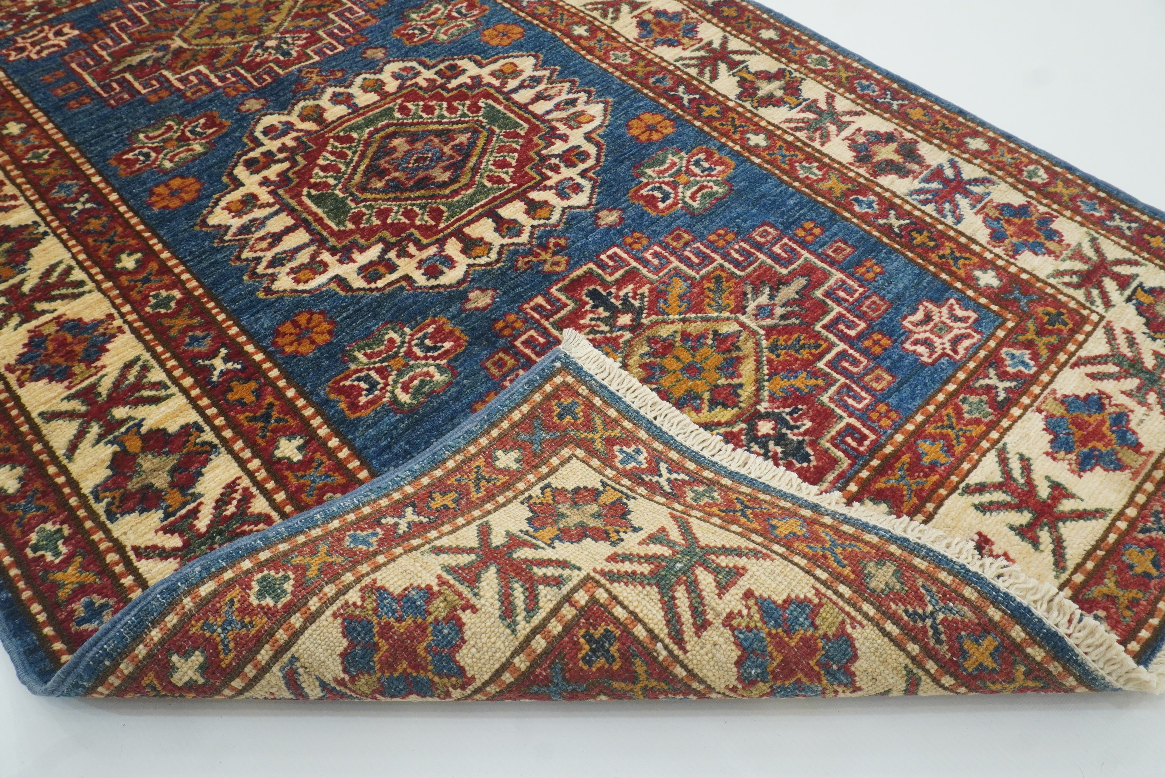 3x4 Navy Blue Kazak Afghan Hand-knotted Wool Rug - Yildiz Rugs