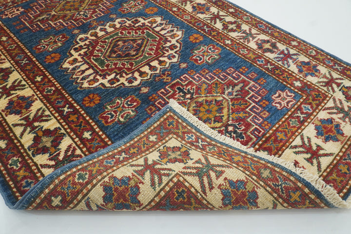 3x4 Navy Blue Kazak Afghan Hand-knotted Wool Rug - Yildiz Rugs