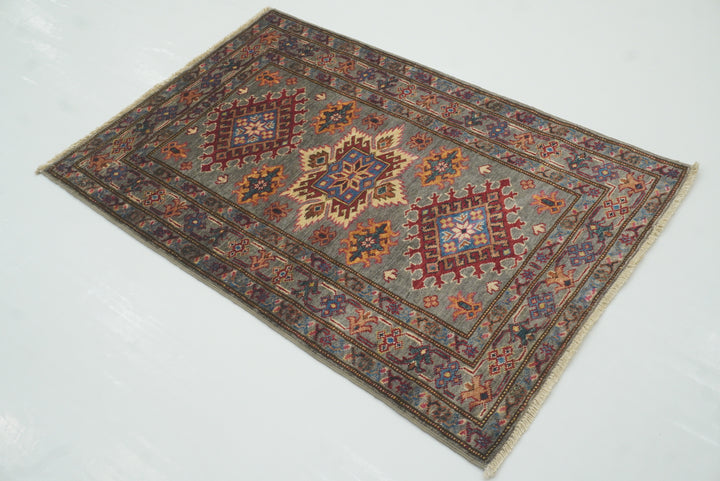 3x4 Gray Kazak Afghan Hand-knotted Wool Area Rug - Yildiz Rugs