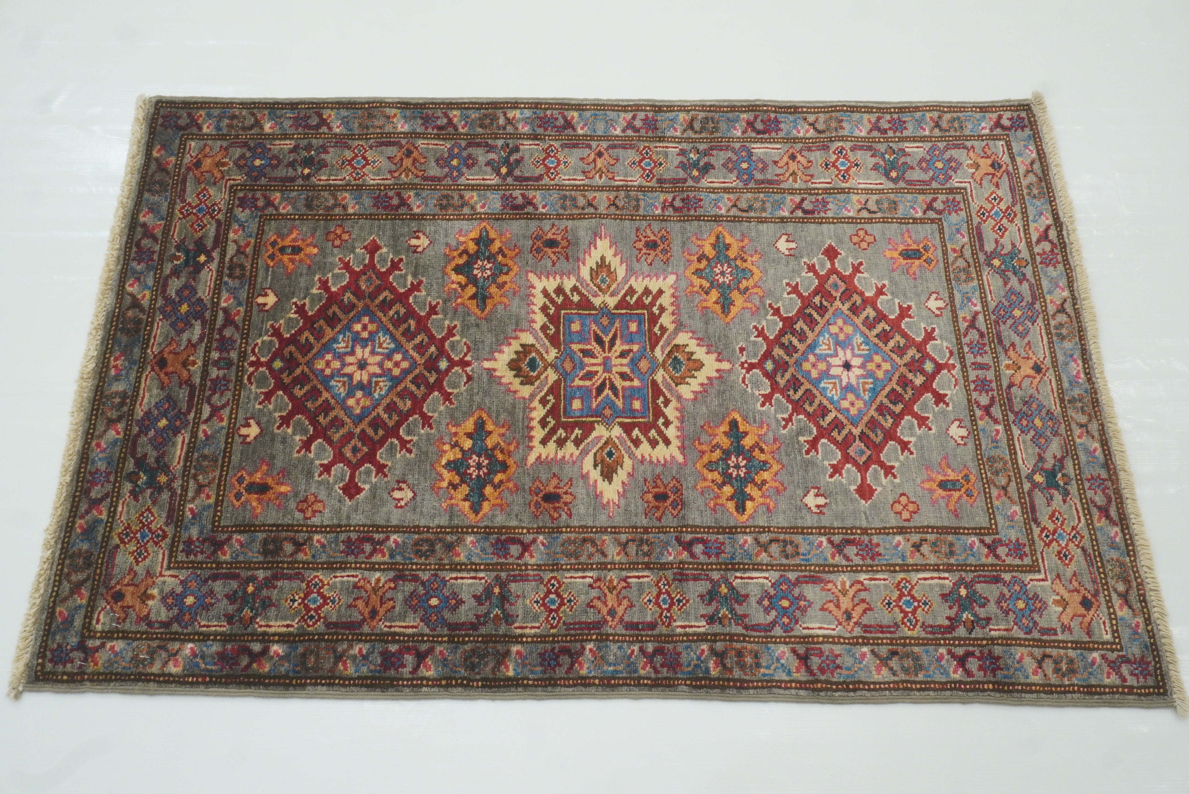 3x4 Gray Kazak Afghan Hand-knotted Wool Area Rug - Yildiz Rugs