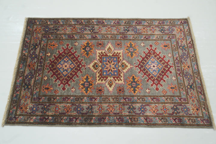 3x4 Gray Kazak Afghan Hand-knotted Wool Area Rug - Yildiz Rugs