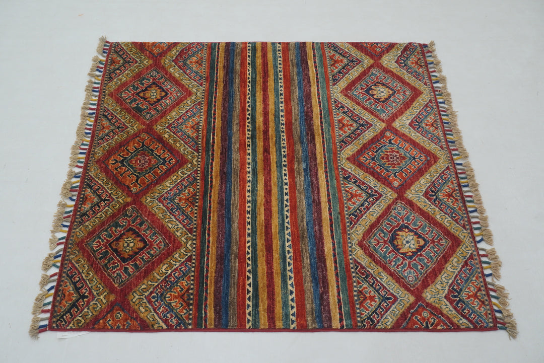 3x3 Red Tribal Afghan Hand knotted Square Rug