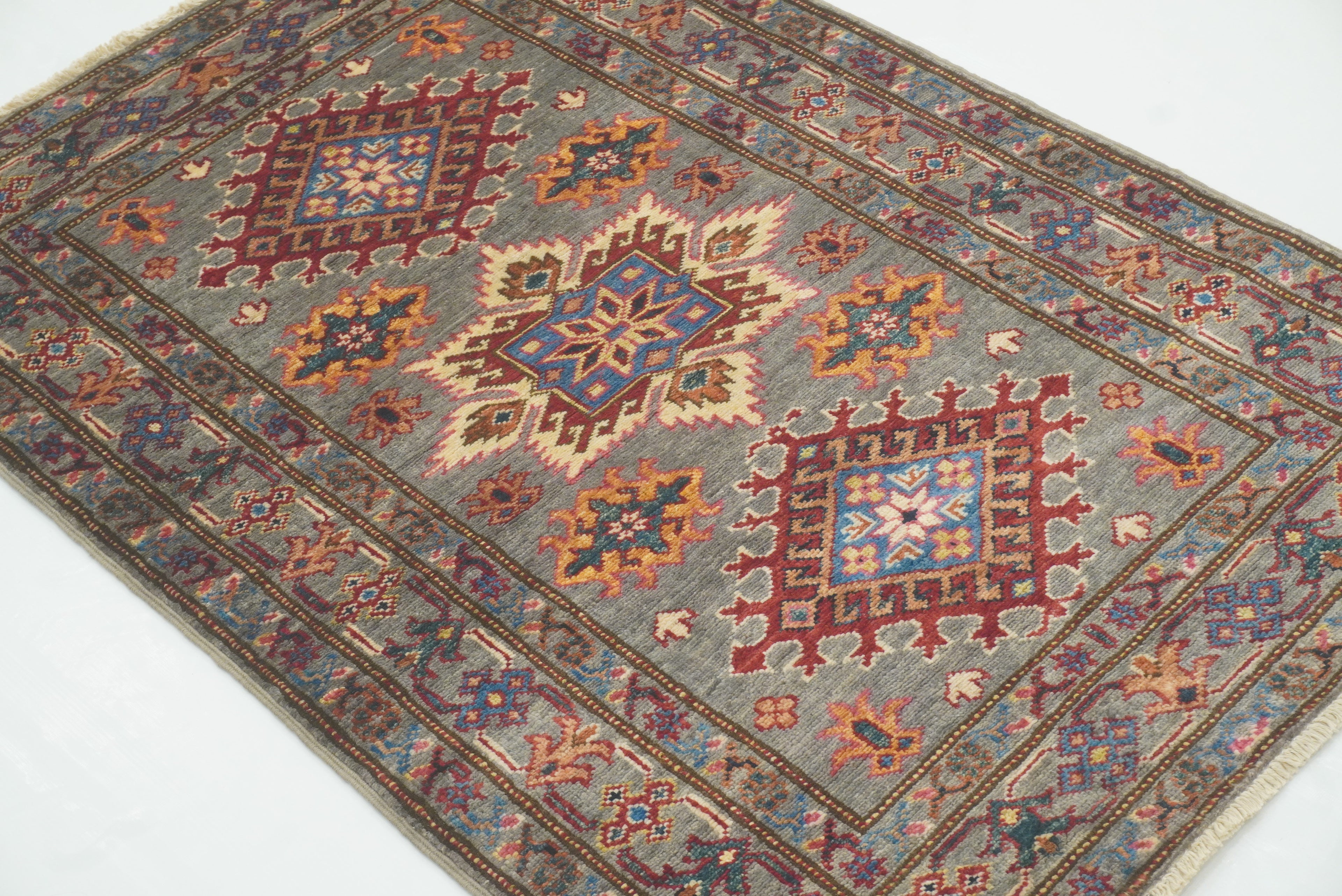 3x4 Gray Kazak Afghan Hand-knotted Wool Area Rug - Yildiz Rugs