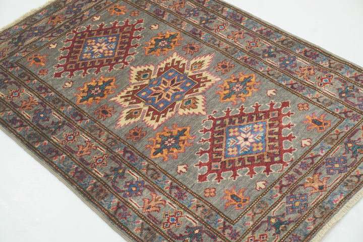 3x4 Gray Kazak Afghan Hand-knotted Wool Area Rug - Yildiz Rugs