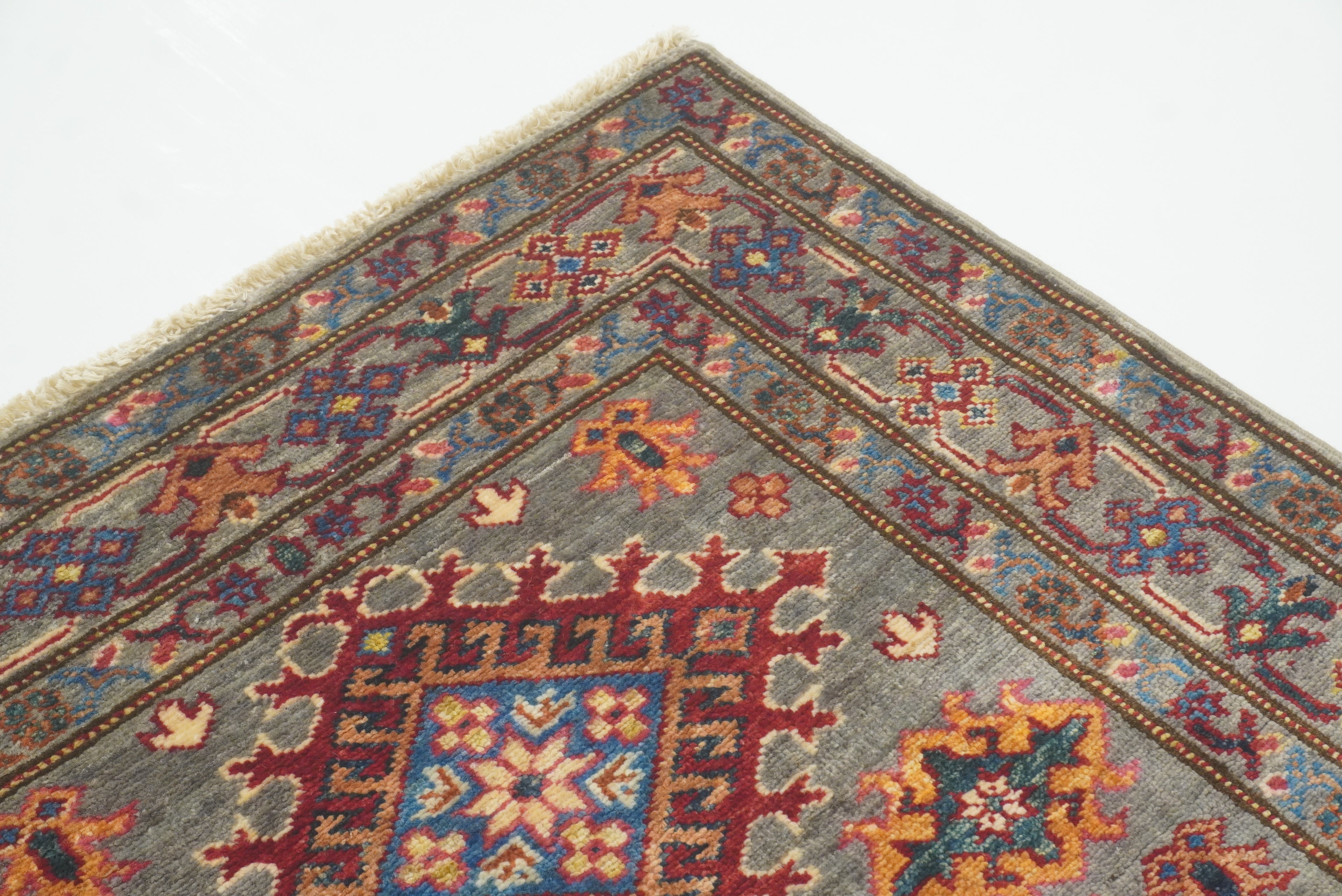 3x4 Gray Kazak Afghan Hand-knotted Wool Area Rug - Yildiz Rugs