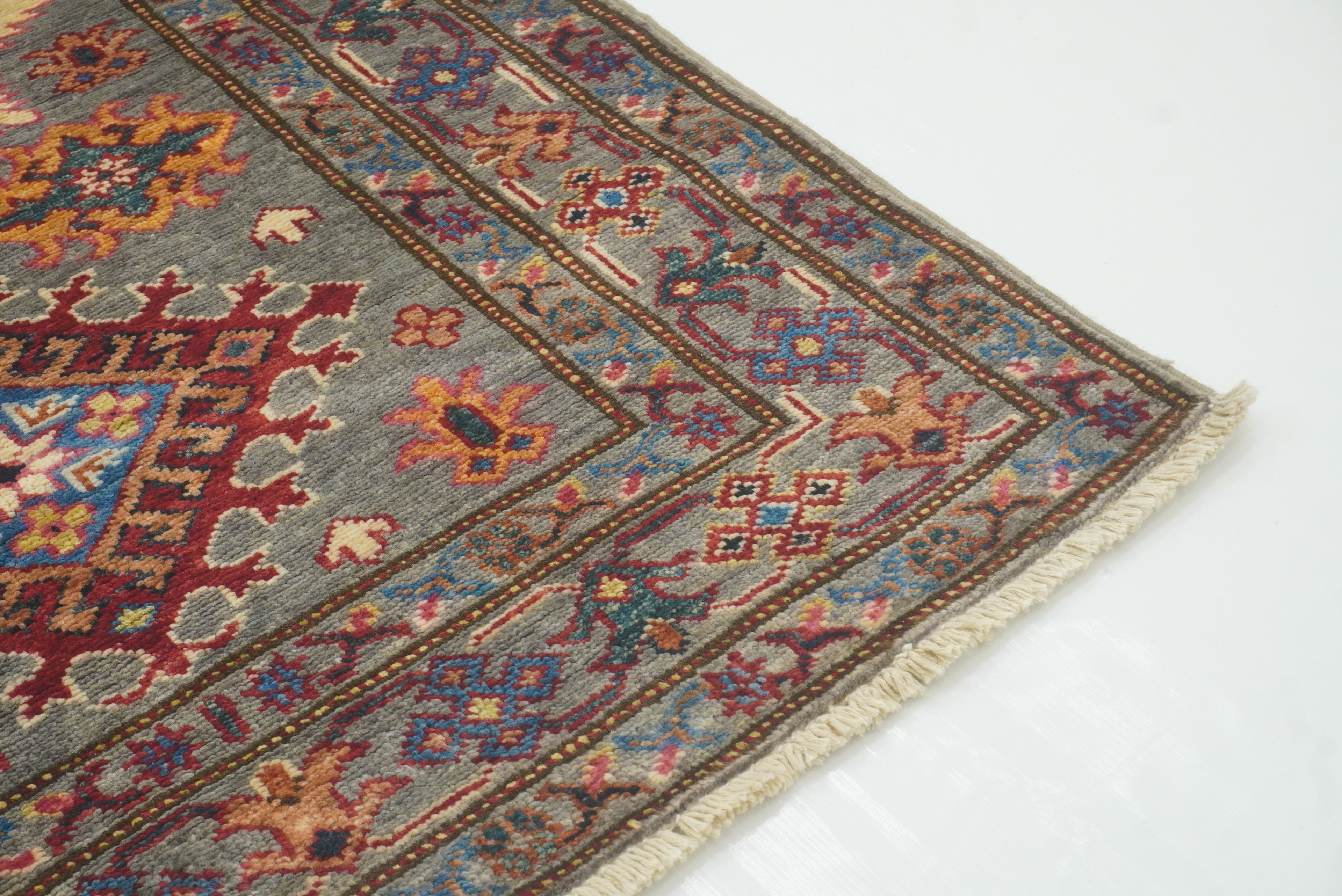 3x4 Gray Kazak Afghan Hand-knotted Wool Area Rug - Yildiz Rugs