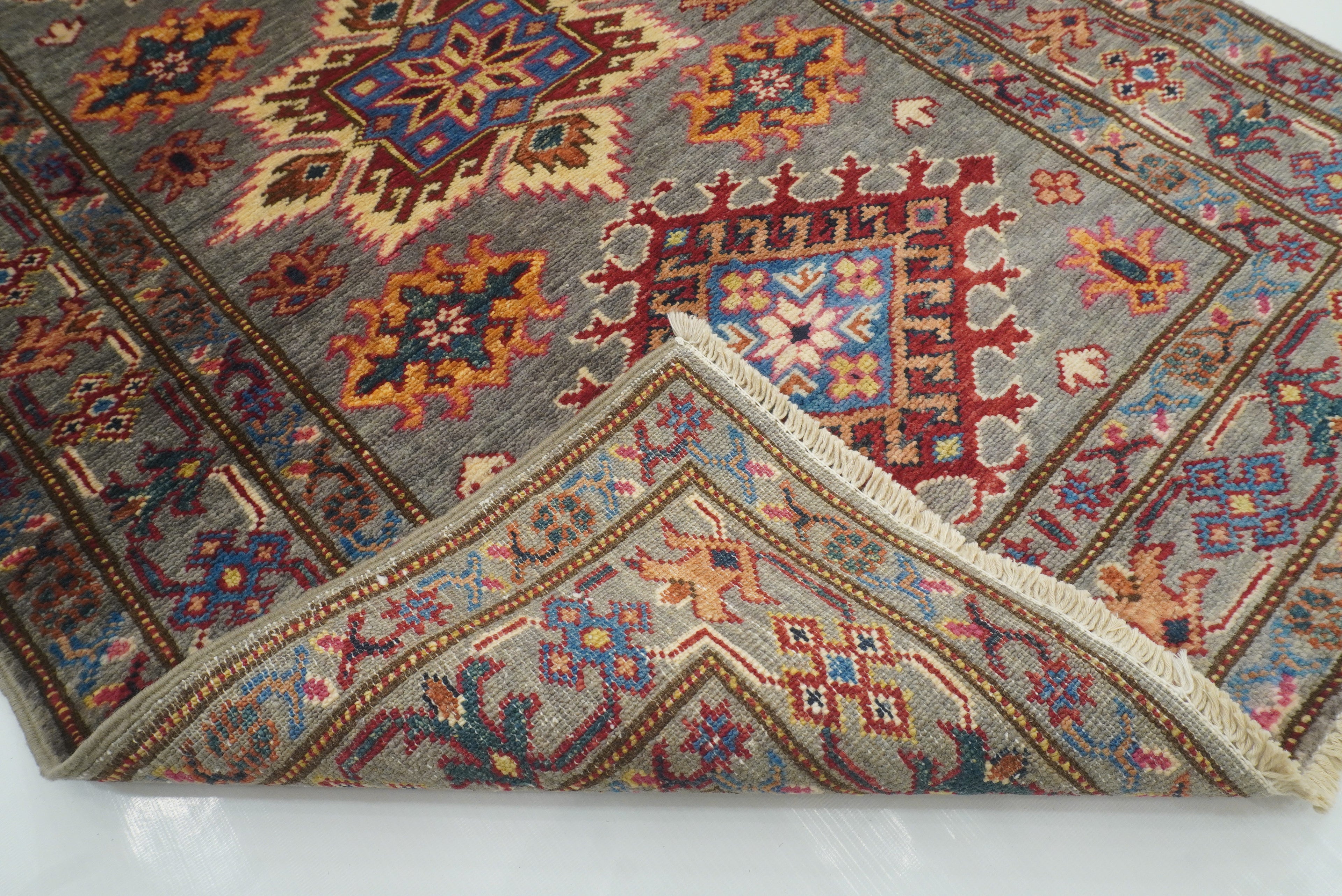 3x4 Gray Kazak Afghan Hand-knotted Wool Area Rug - Yildiz Rugs