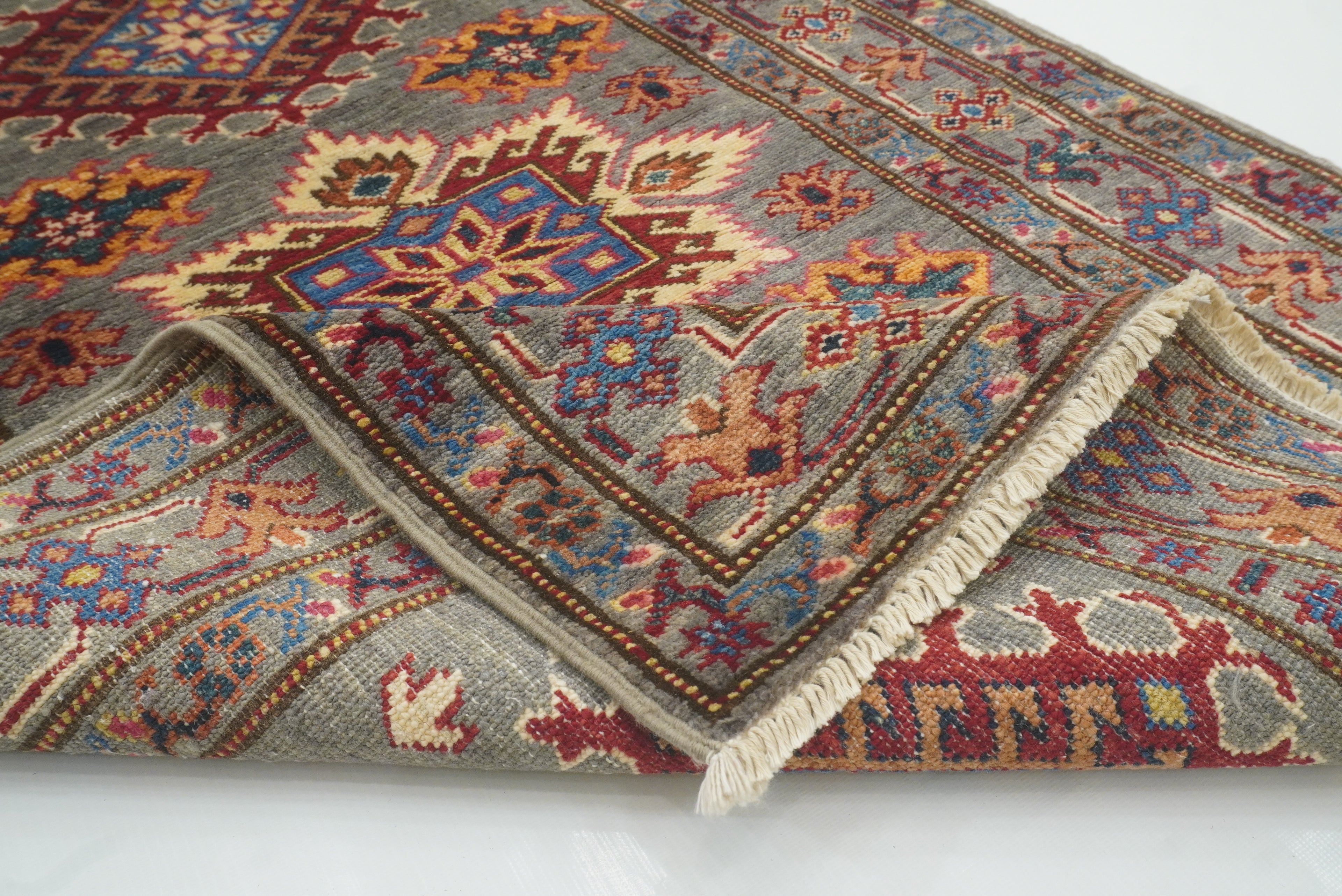 3x4 Gray Kazak Afghan Hand-knotted Wool Area Rug - Yildiz Rugs