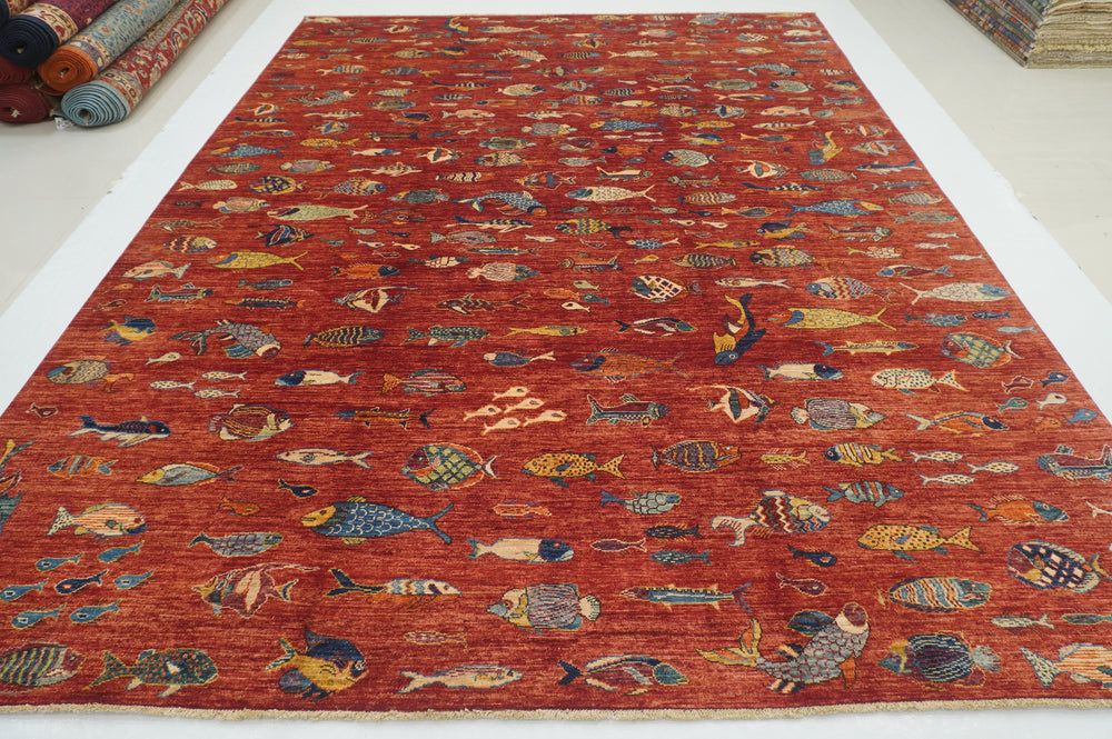 9x12 Fish Gabbeh Rusty Red Afghan Hand knotted Rug - Yildiz Rugs