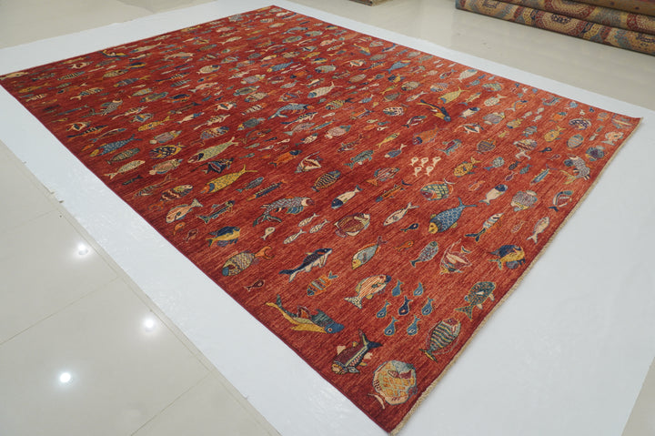 9x12 Fish Gabbeh Rusty Red Afghan Hand knotted Rug