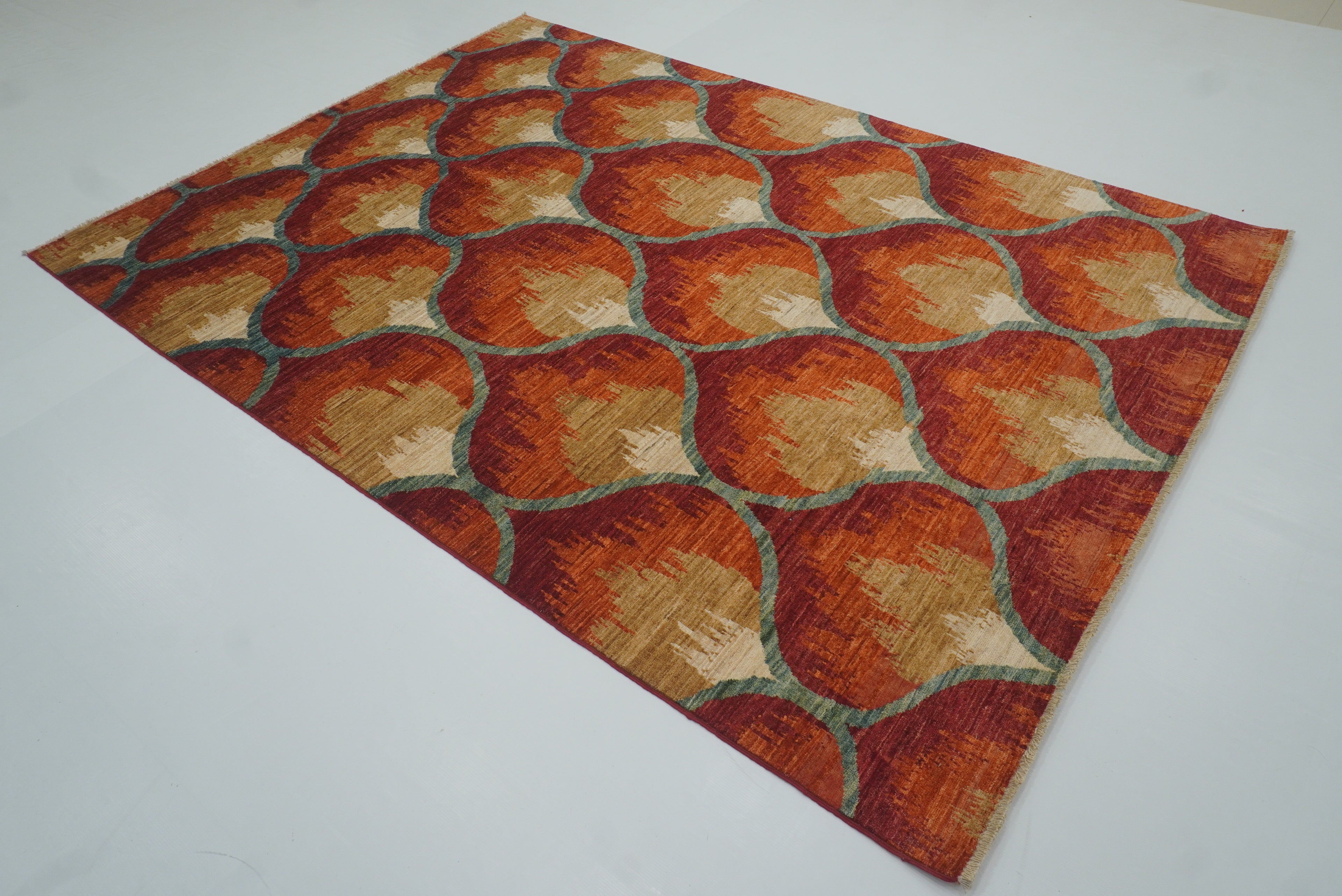6x9 Red Orange Ikat Afghan Hand-Knotted Rug - Yildiz Rugs