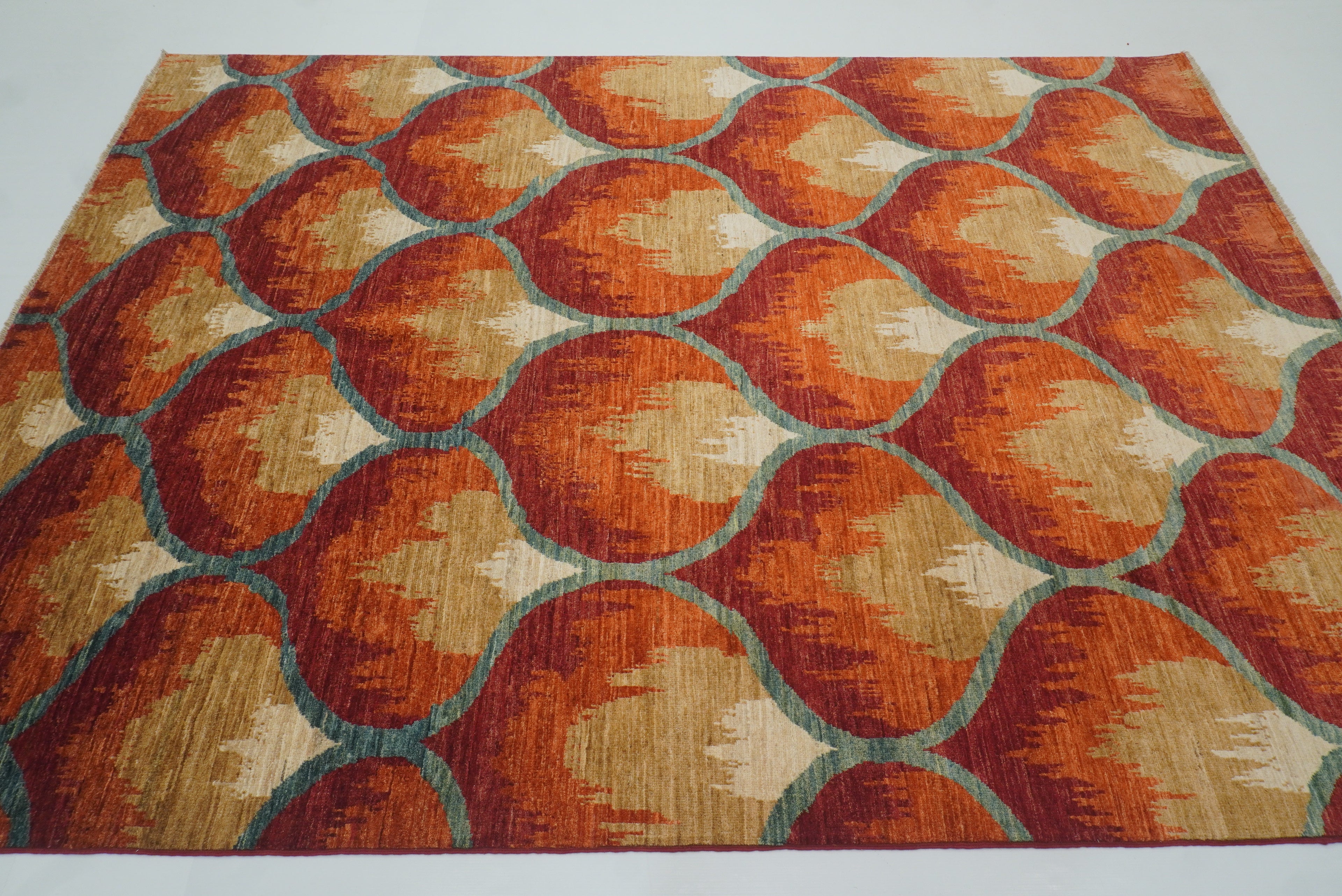 6x9 Red Orange Ikat Afghan Hand-Knotted Rug - Yildiz Rugs