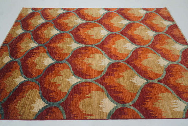 6x9 Red Orange Ikat Afghan Hand-Knotted Rug - Yildiz Rugs