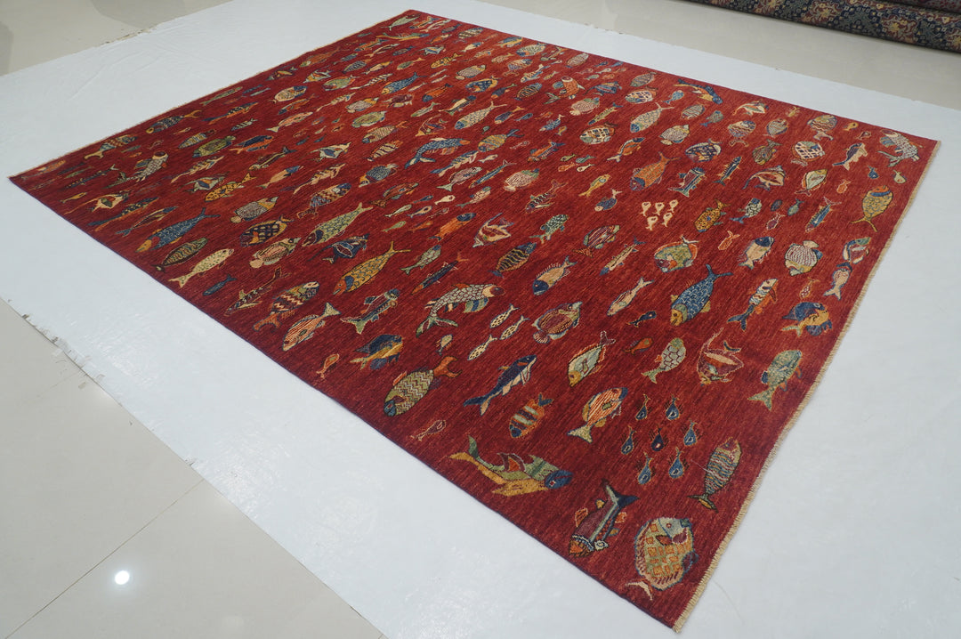 8x10 Red Fish Afghan Gabbeh Hand knotted Rug