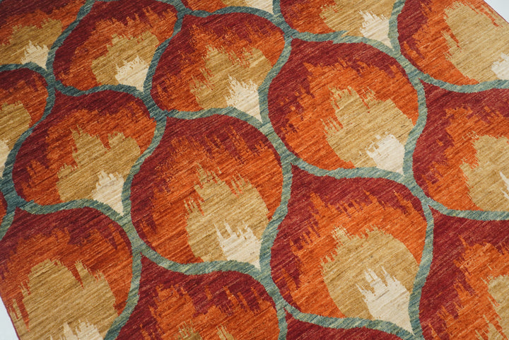 6x9 Red Orange Ikat Afghan Hand-Knotted Rug - Yildiz Rugs