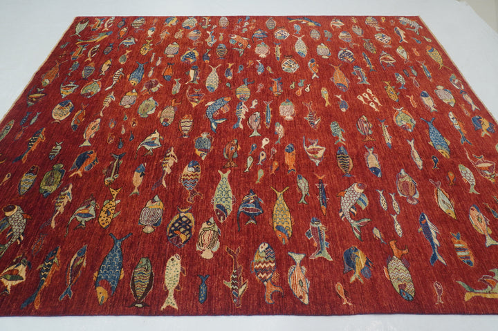 8x10 Red Fish Afghan Gabbeh Hand knotted Rug