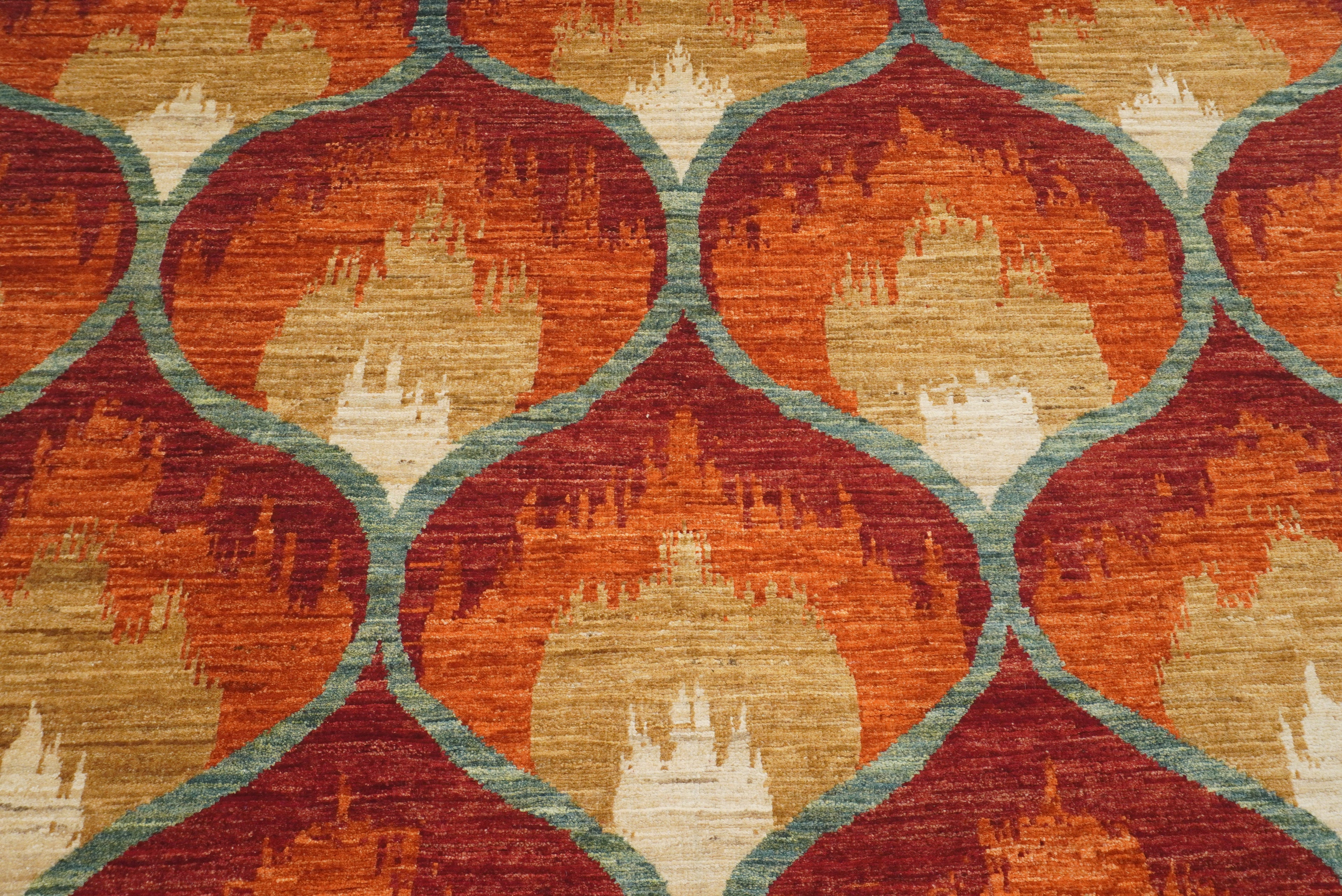 6x9 Red Orange Ikat Afghan Hand-Knotted Rug - Yildiz Rugs