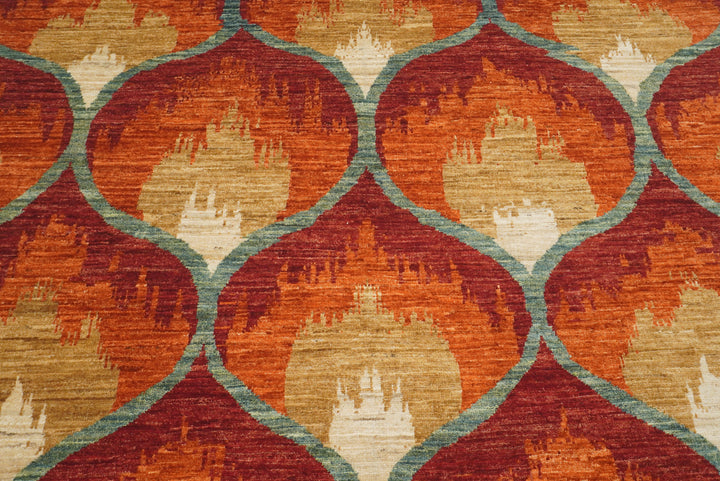 6x9 Red Orange Ikat Afghan Hand-Knotted Rug - Yildiz Rugs