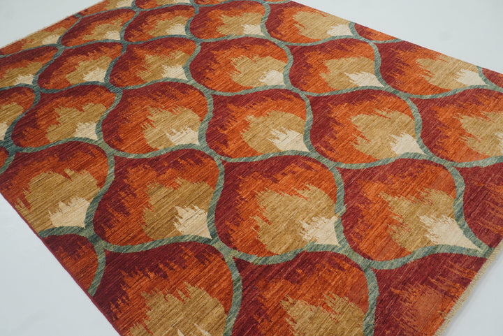 6x9 Red Orange Ikat Afghan Hand-Knotted Rug - Yildiz Rugs