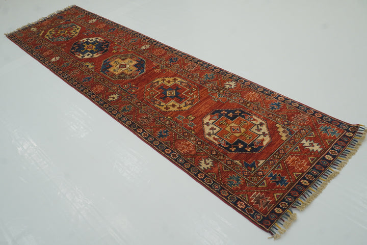 10 ft Red Ersari Afghan Hand Knotted Wool Runner Rug - Yildiz Rugs