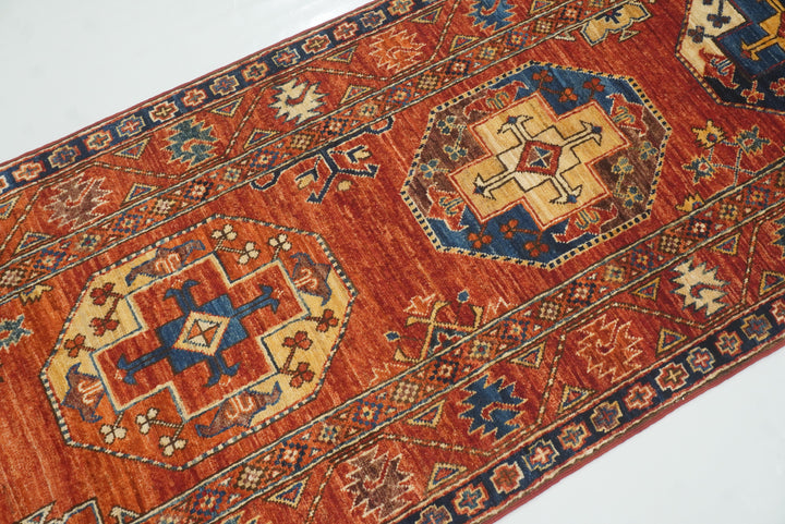 10 ft Red Ersari Afghan Hand Knotted Wool Runner Rug - Yildiz Rugs