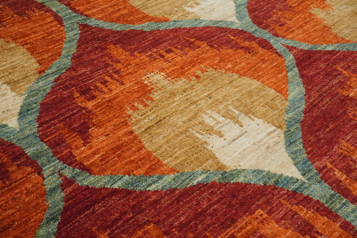 6x9 Red Orange Ikat Afghan Hand-Knotted Rug - Yildiz Rugs