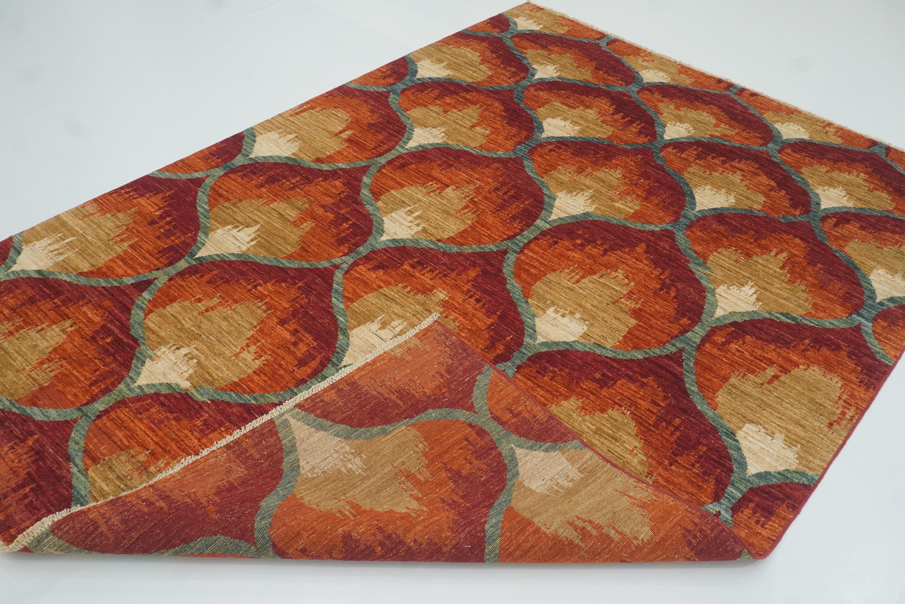 6x9 Red Orange Ikat Afghan Hand-Knotted Rug - Yildiz Rugs