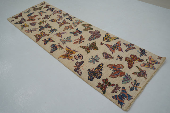 8 ft Beige Butterfly Afghan Hand knotted Runner Rug - Yildiz Rugs