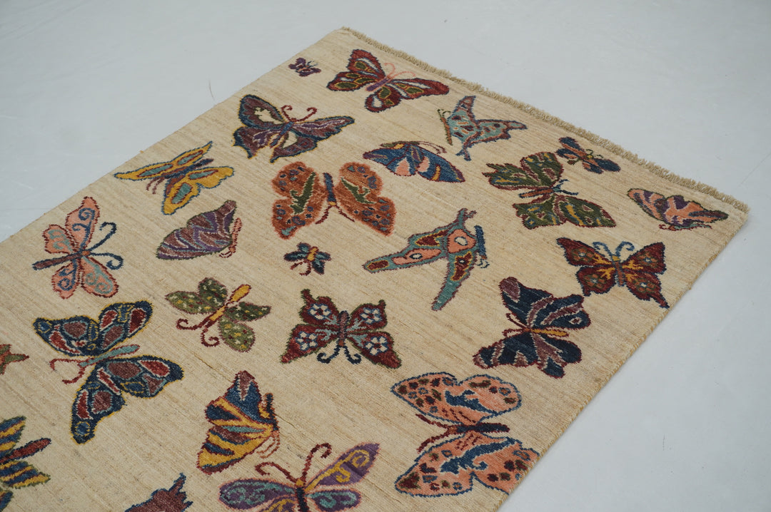 8 ft Beige Butterfly Afghan Hand knotted Runner Rug - Yildiz Rugs