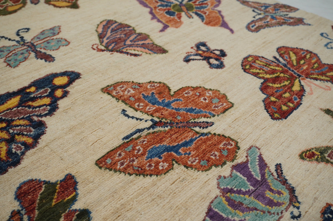 8 ft Beige Butterfly Afghan Hand knotted Runner Rug - Yildiz Rugs