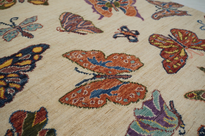 8 ft Beige Butterfly Afghan Hand knotted Runner Rug - Yildiz Rugs