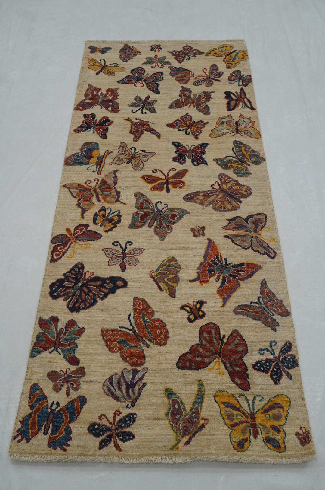 7 ft Beige Butterfly Afghan Hand knotted Runner Rug