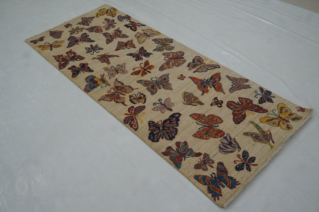 7 ft Beige Butterfly Afghan Hand knotted Runner Rug