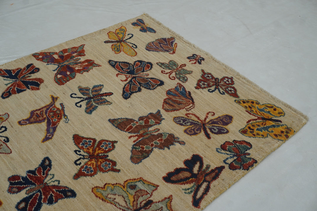 7 ft Beige Butterfly Afghan Hand knotted Runner Rug