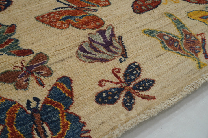 7 ft Beige Butterfly Afghan Hand knotted Runner Rug