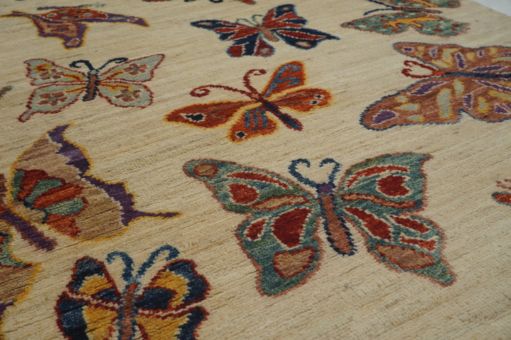 7 ft Beige Butterfly Afghan Hand knotted Runner Rug