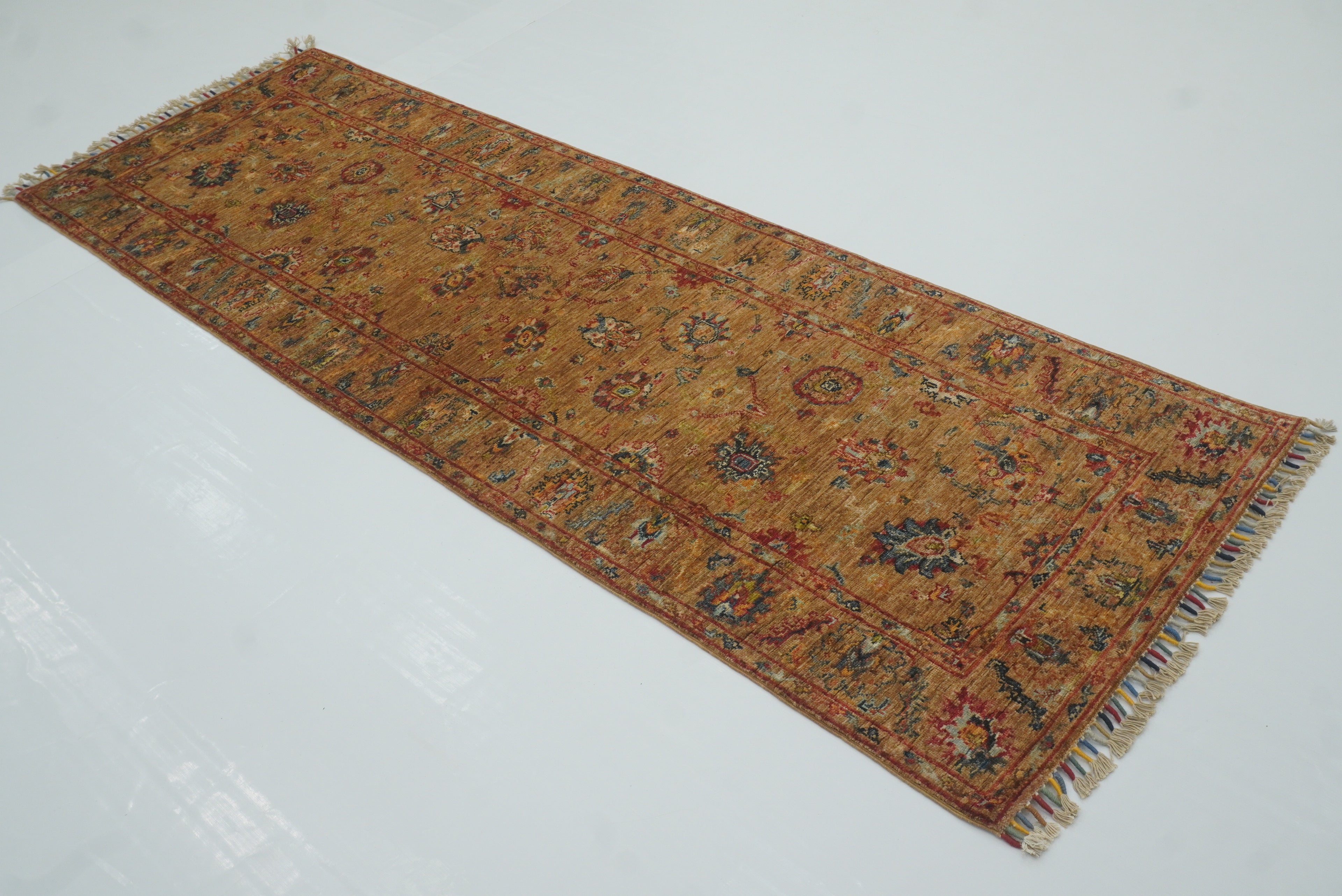 8 ft Orange Waziri Afghan Hand-Knotted Wool Runner Rug - Yildiz Rugs