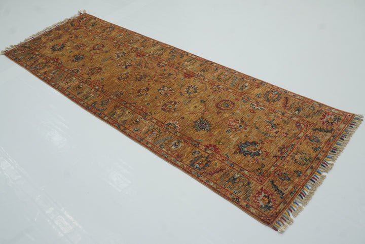 8 ft Orange Waziri Afghan Hand-Knotted Wool Runner Rug - Yildiz Rugs