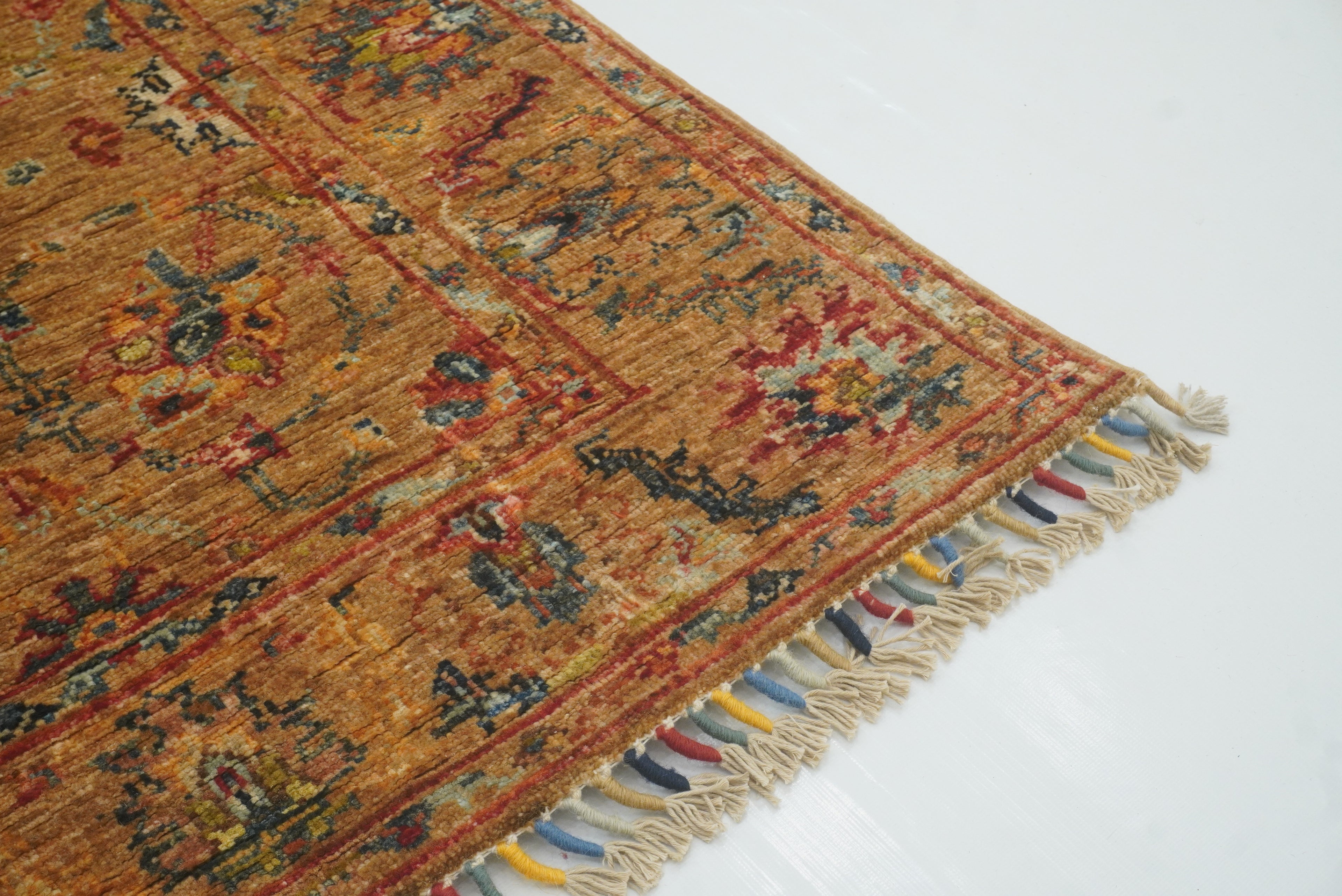8 ft Orange Waziri Afghan Hand-Knotted Wool Runner Rug - Yildiz Rugs