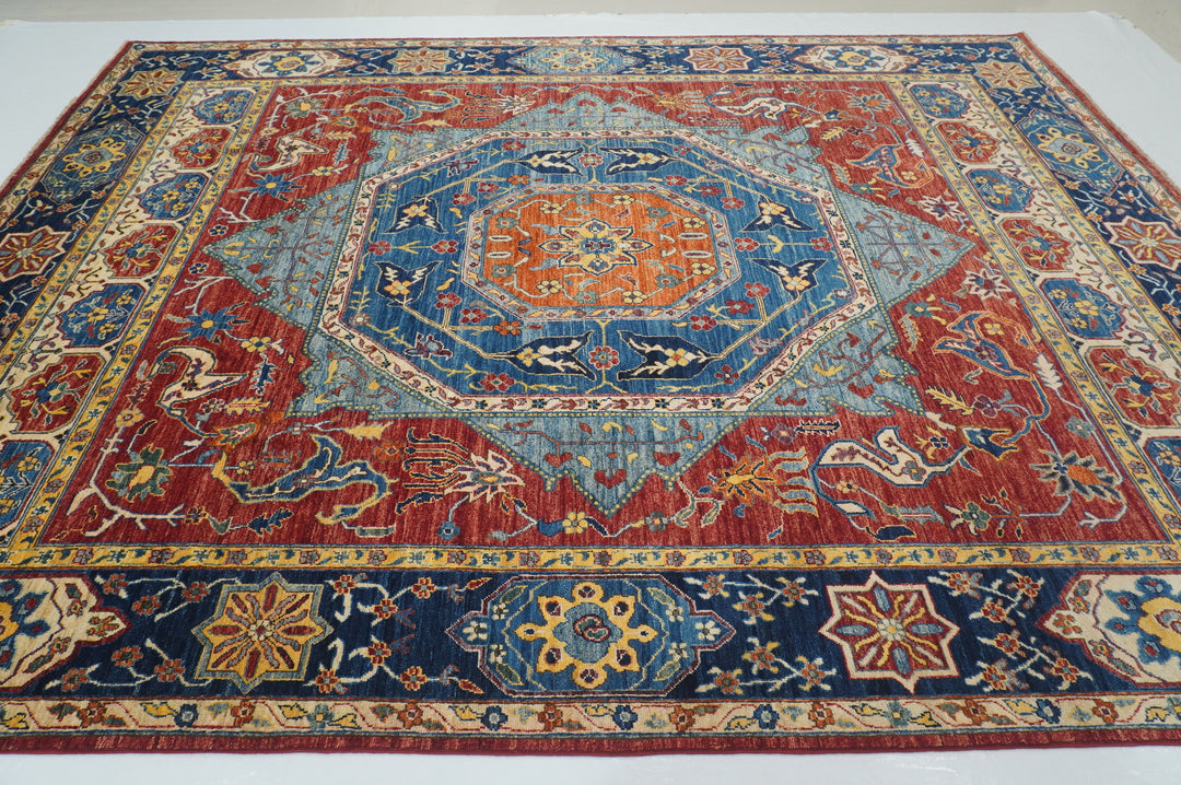 9x12 Blue Red Mamluk Turkish Hand Knotted Medallion Rug - Yildiz Rugs