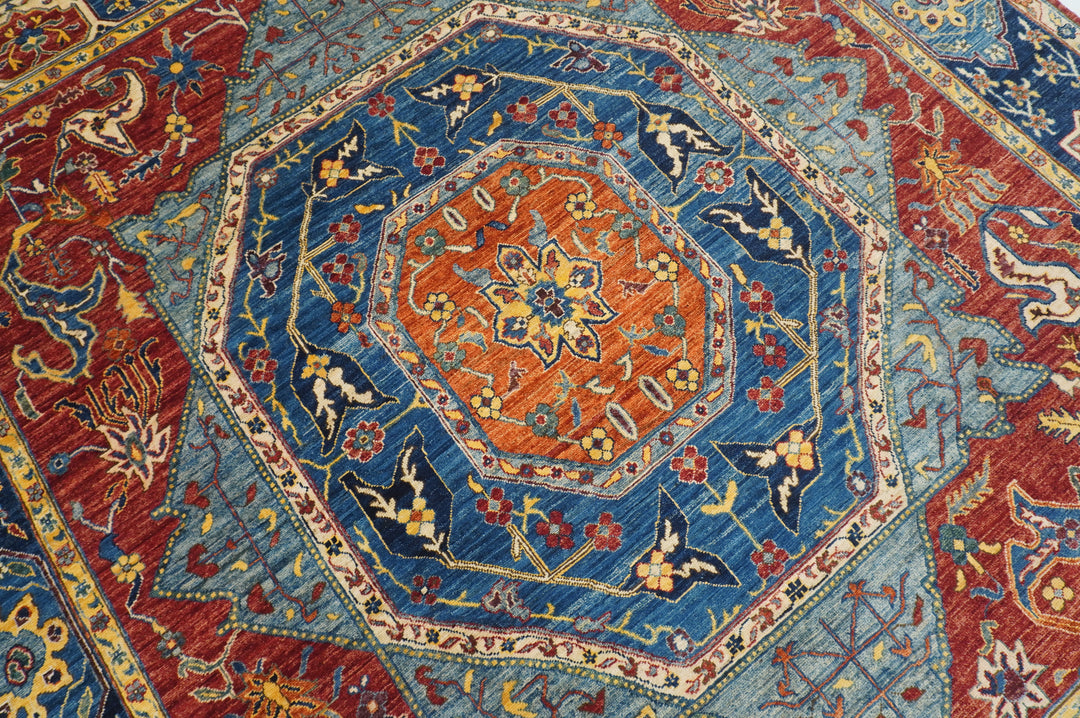 9x12 Blue Red Mamluk Turkish Hand Knotted Medallion Rug - Yildiz Rugs