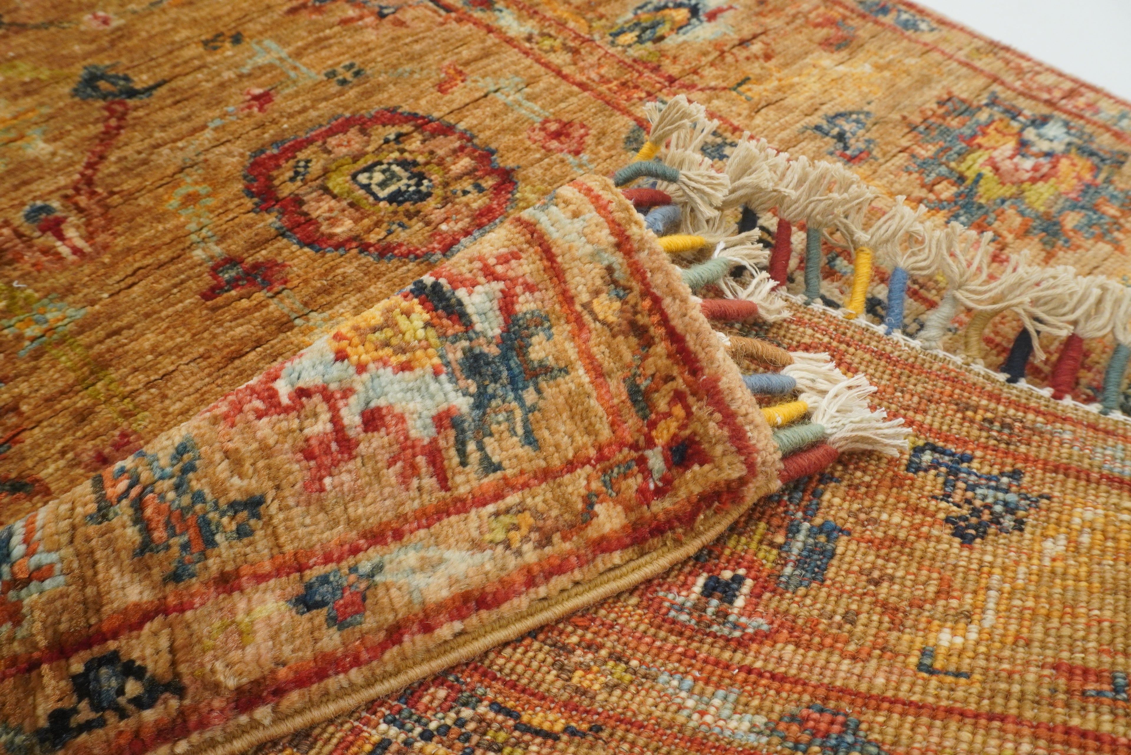 8 ft Orange Waziri Afghan Hand-Knotted Wool Runner Rug - Yildiz Rugs