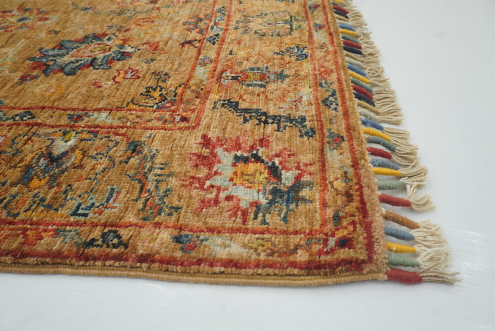 8 ft Orange Waziri Afghan Hand-Knotted Wool Runner Rug - Yildiz Rugs